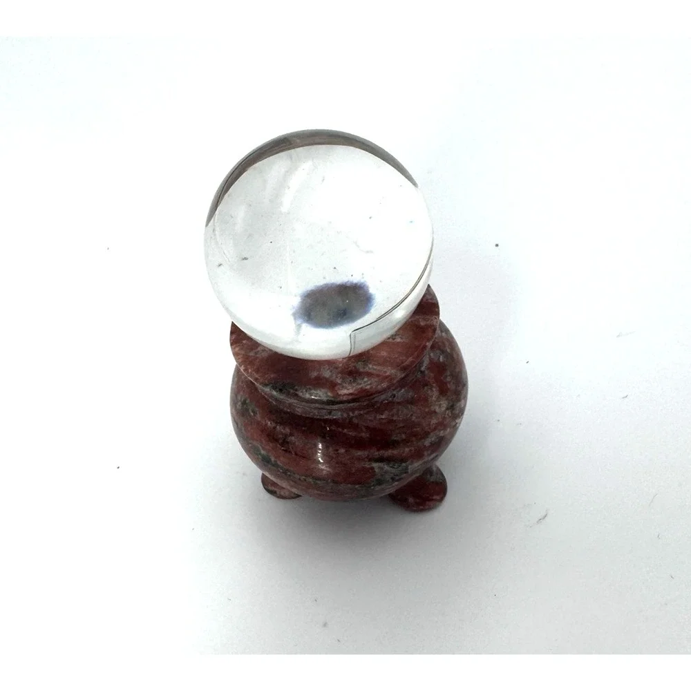 Mini Clear Crystal Ball Sphere on Carved Red Stone Elephant Stand Figurine Decor
